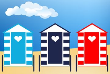 Illustration of colourful beach huts on the beach for the uplifting short story The Tide Turns