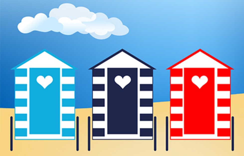 Illustration of colourful beach huts on the beach for the uplifting short story The Tide Turns