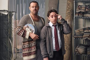 Image show promo shot for Sky's new comedy series Mr Bigstuff. The show stars Danny Dyer and Ryan Sampson who are seen here in character. Danny dyer's character is beaten up from a fight and wearing a knitted cardigan while holding a biscuit tin. Ryan's cahracter looks stressed in a shirt and tie and light grey jacket. New tv shows July.
