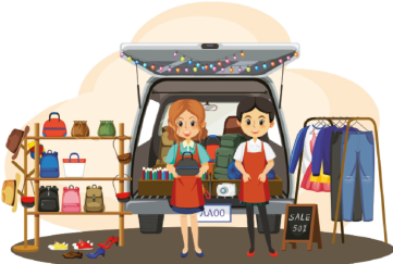 Illustration of Emma and Nick at a car boot sale in the romantic short story A Lucky Charm