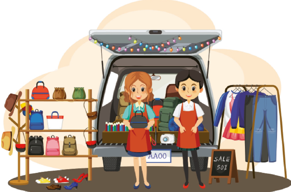 Illustration of Emma and Nick at a car boot sale in the romantic short story A Lucky Charm