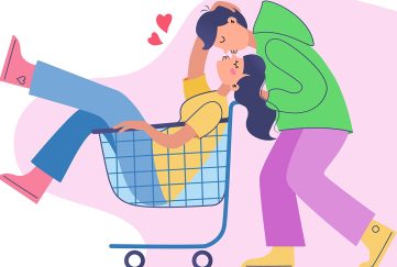 Two people in love in a supermarket, characters in the romantic short story Penny Wise