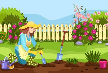 An illustration of a woman gardening in a pretty back garden