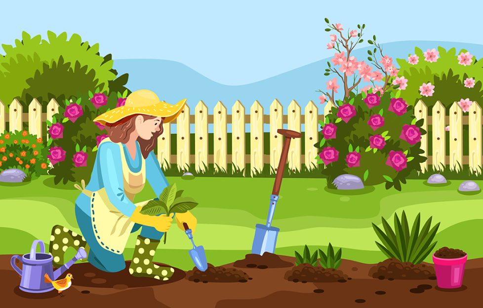 An illustration of a woman gardening in a pretty back garden