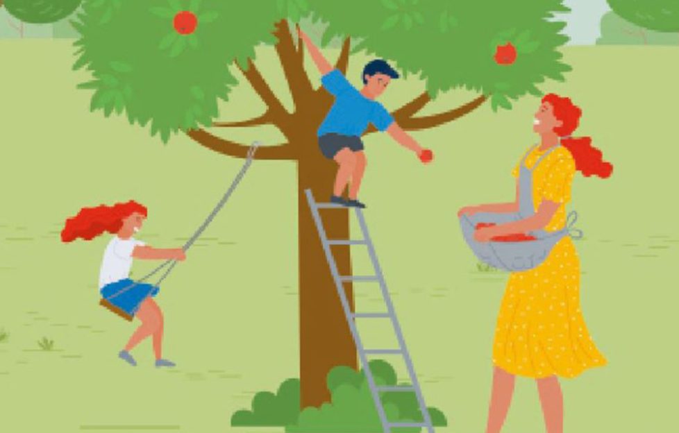 Illustration of a lady in a garden with a tree, swing and children