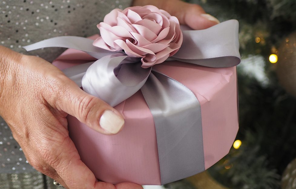 Pink and grey wrapped parcel