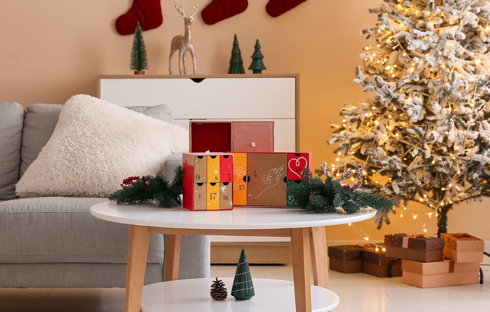 A room setting with a beauty advent calendar on a table