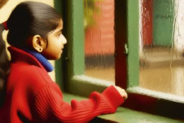 A little girl looking out a rain soaked window to illustrate our uplifting short story