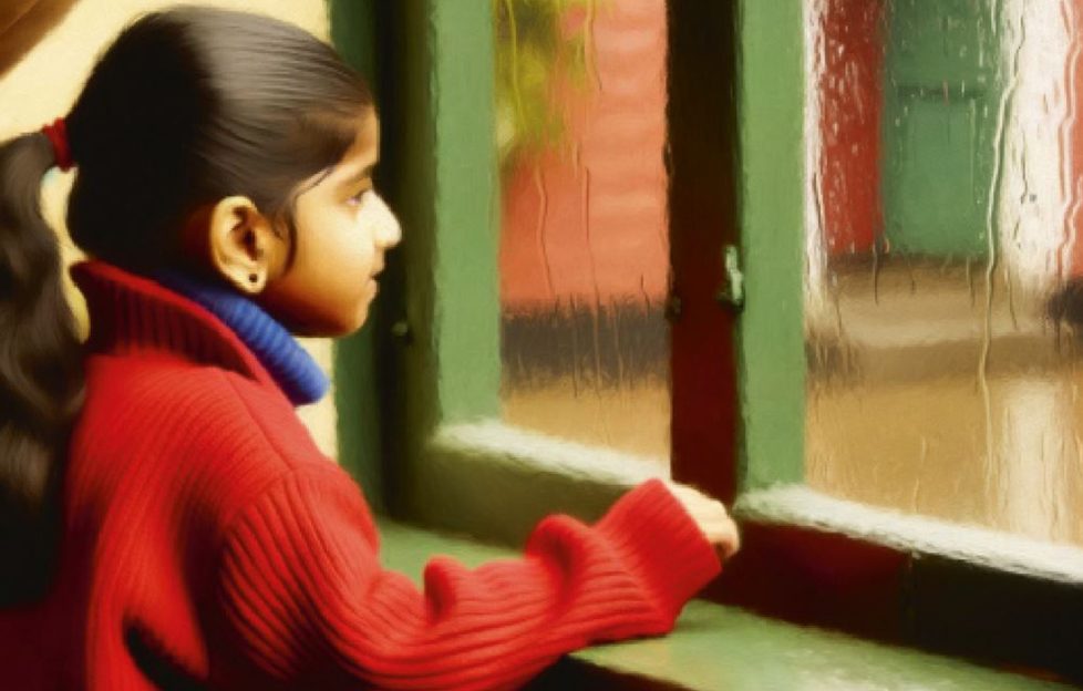 A little girl looking out a rain soaked window to illustrate our uplifting short story