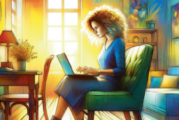 A woman with chestnut curly hair at a laptop, an illustration for our romantic short story