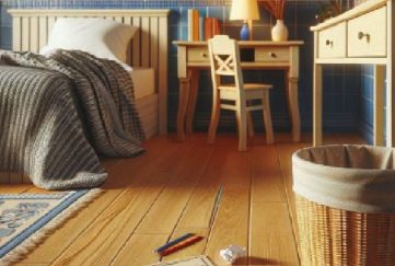 A boy's bedroom with wastepaper basket and scrunched up note