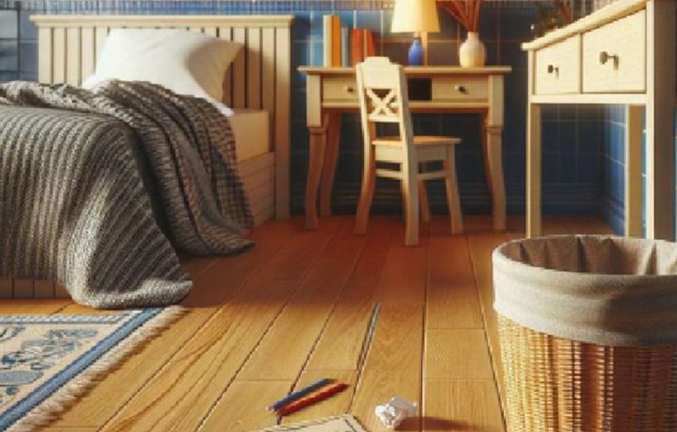 A boy's bedroom with wastepaper basket and scrunched up note