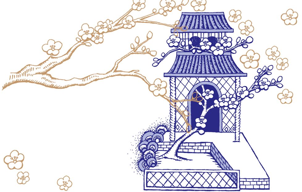 Cherry blossom and typical willow pattern drawnings