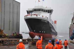 The MV Glen Sannox slips into Clyde after being launched.