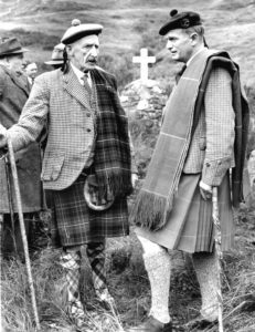 Donald Hamish Cameron of Lochiel and Archibald MacKellaig, Glenfinnan, at the unveiling of the cairn to Frances Cameron-Head of Inverailort in 1958. Photograph: Scottish Field Picture Agency