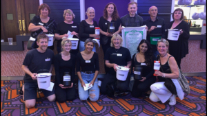 The bucket collectors who took in donations for Lochaber Mountain Rescue Team at the Proclaimers concert in Watford. NO F34 proclaimers bucket collectors