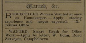 In 1920: How times have changed - advertisements in 1920 seeking a 'respectable woman' and a 'smart youth'.