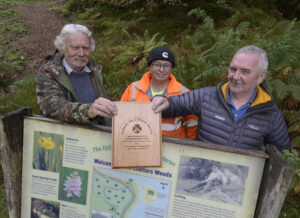 Delighted at the recognition for the woodlands are, from left, Michael Foxley, Ewen Morrison and Tony Boyd. Photograph: Iain Ferguson, alba.photos NO F41 Woodlands award 01