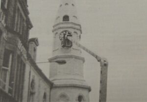 In 1996: Repairing the town hall clock after the gales.