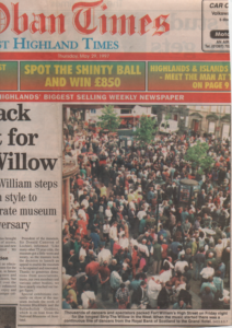 The front page of the Oban Times reporting on the longest Strip the Willow dance for the museum's 75th anniversary. NO F02 OT strip the willow