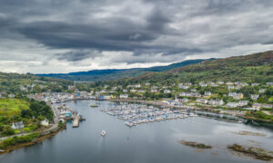 An aerial view of Tarbert Harbour which features in the video guide library. Photograph: Sail Scotland and Airborne Lens.